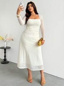 Firerie Plus Size Women Solid Color Pleated Elegant Waist-Cinching Party Evening Date Night Travel Dress Festival Outfits White Dresses Wedding Guest Autumn - Apricot - View 6