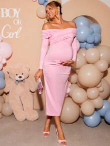 Loomaby Maternity Solid Color One-Shoulder Ruched Casual Party & Travel Dress,Gender Reveal Dress,Maternity Dress,Baby Shower Dress,Party,Wedding,Birthday - Pink - View 8