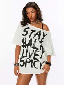 ROMWE Summer Slogan Punk Street Style Hot Girl Splatter Print Design Minimalist Asymmetric Neck Loose T-Shirt - White - View 5