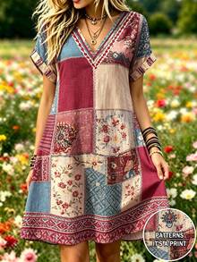 Selamara Bohemian Pastoral Patchwork Floral Print Short Dress, V-Neck Loose Short Sleeve Cover-Up Dress, Casual Short Dress For Countryside And Beach Vacation - Multicolor - View 3