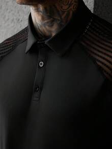 Manfinity CasualCool 男士極簡風半開襟鈕扣蕾絲拼接透視短袖 Polo 衫 - 黑色 - 查看 4