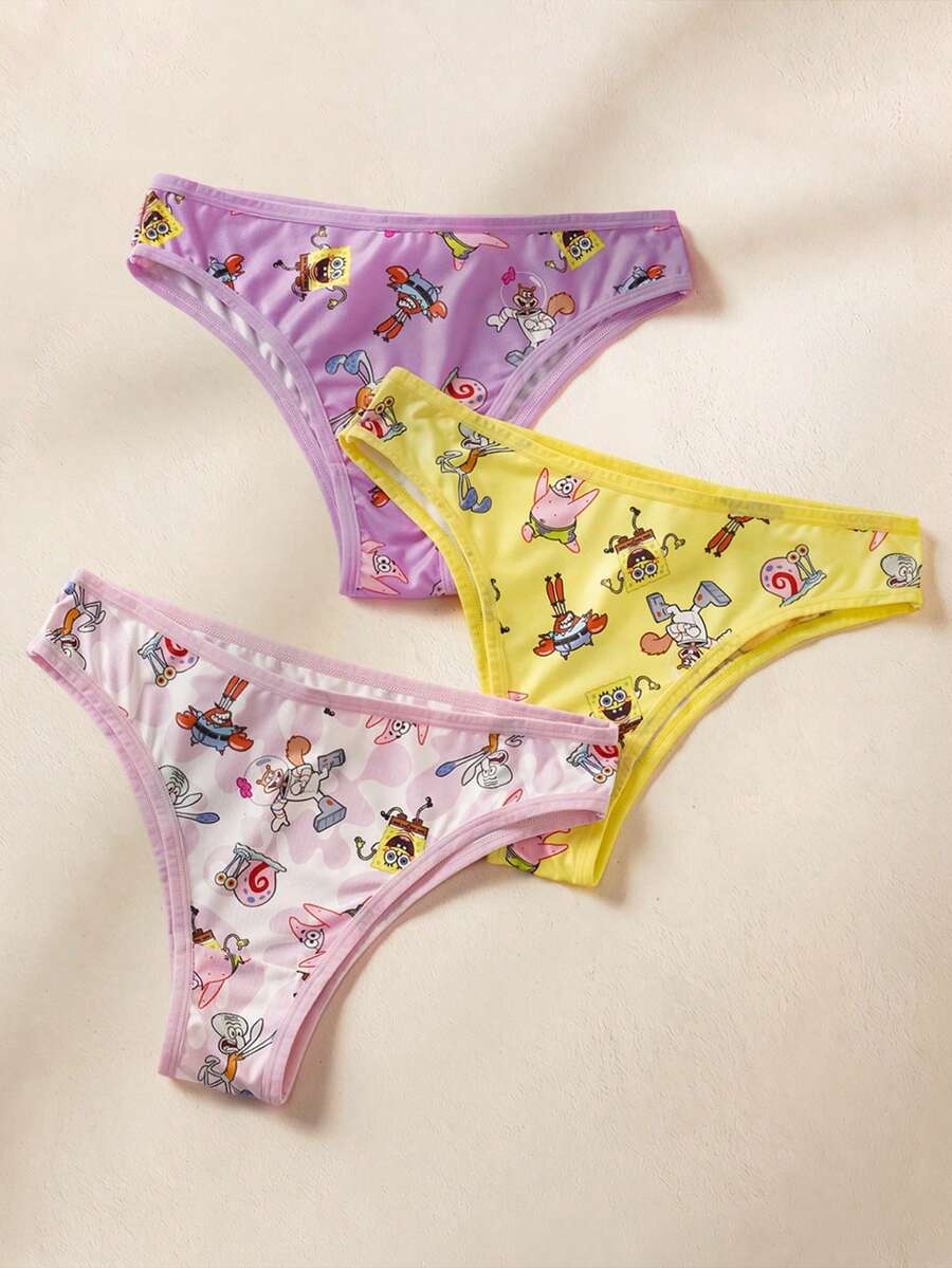 SpongeBob SquarePants | SHEIN Women's Cartoon Print Casual Daily Triangle Panties 3-Pack - Pink - View 1