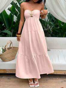 Sunnyshic Robe jaune sans bretelles pour femmes, tenue de plage, robe de plage, robe décontractée, style de vacances au bord de mer , tenue de vacances, robe d'été romantique et élégante, printemps/été - Rose bonbon - Voir 7
