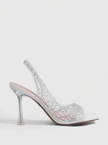 CUCCOO SZL Sandalias de tacón alto con tiras traseras y punta abierta, transparentes con strass para mujer - Blanco - Ver 2