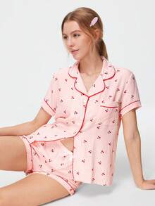 Bonmuse 3pcs Set Cherry Print Plaid Short Sleeve Shirt With Long & Shorts, Women Spring/Summer Pajamas & Loungewear Set, Suitable For Home Use - Pink - View 6