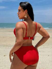 Slaydiva Atasan Bikini Minimalis Seksi Warna Polos Ukuran Besar - Merah - View 2
