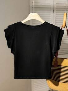 SHEIN Tween女孩 春夏休閒白色圓領分層寬肩無袖T恤，適合日常休閒穿著，白色上衣 - 黑色 - 查看 2