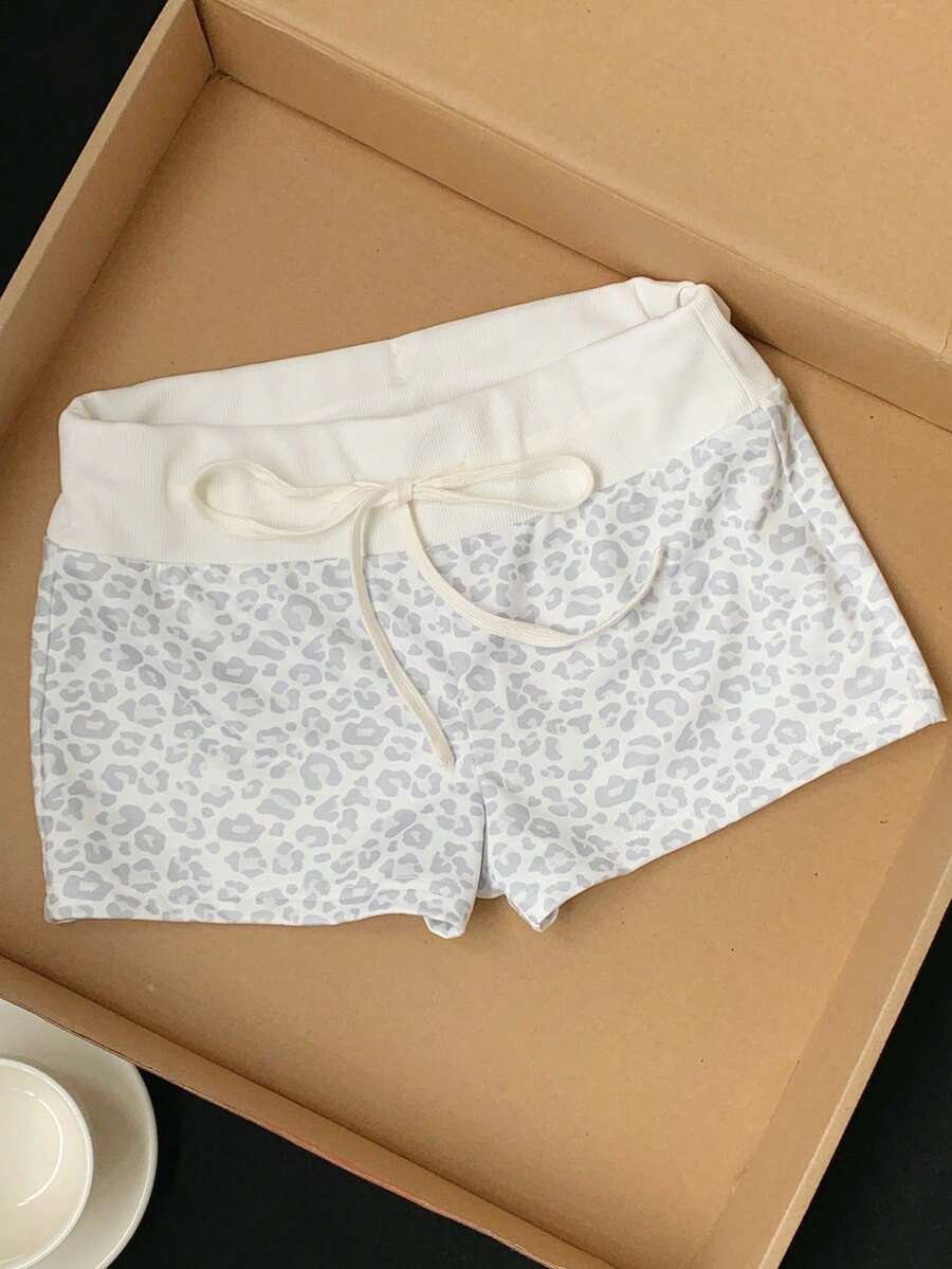 Comfortcana 女款抽繩腰豹紋拼接色塊休閒日常短褲