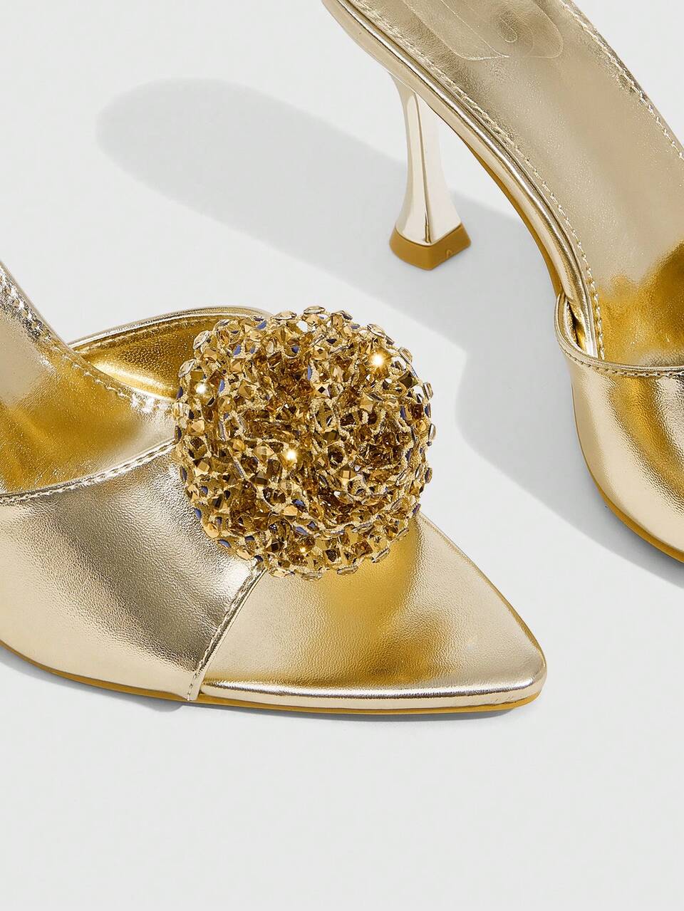 CUCCOO SZL Women's Golden Rhinestone Flower Pointed Stiletto Mules Sandals
