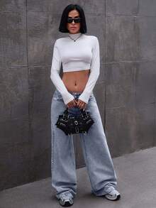 EURMUSE LOW RISE WIDELEG JEAN WITH BOW DETAILS Y2k - Light Wash - View 4