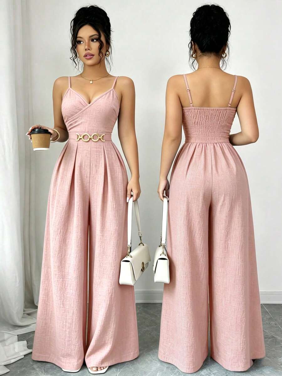 Elenzga New Women's Elegant Youthful Casual Versatile Woven Textured Camisole Jumpsuit With Metal Ring Waist Detail - Pink - View 1