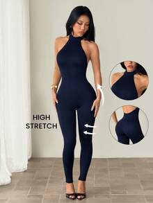 SHEIN PETITE Mono ajustado de cuello alto tipo ajustado con pantalones capri, para salir, uso diario, noche, sexy, streetwear, Esky, fiesta - Azul Marino - Ver 5