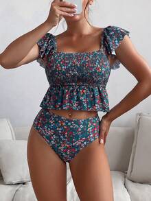 Swim Lushoire 女款深綠色隨機碎花方領荷葉邊細肩帶背心與高腰三角比基尼泳褲兩件套 - 彩色 - 查看 3