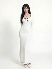 Sweetina Gaun Panjang Model Ekor Ikan Kasual Potongan Ramping dengan Blok Warna dan Hem Bergelombang - Putih - View 5