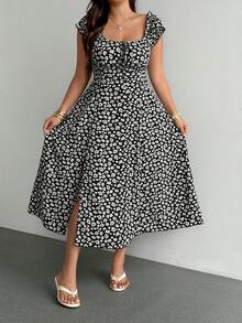 Sunnyshic Plus Size Fashionable Small Floral Print Petal Sleeve Cinched Waist Summer Women's Dress - Black - View 3