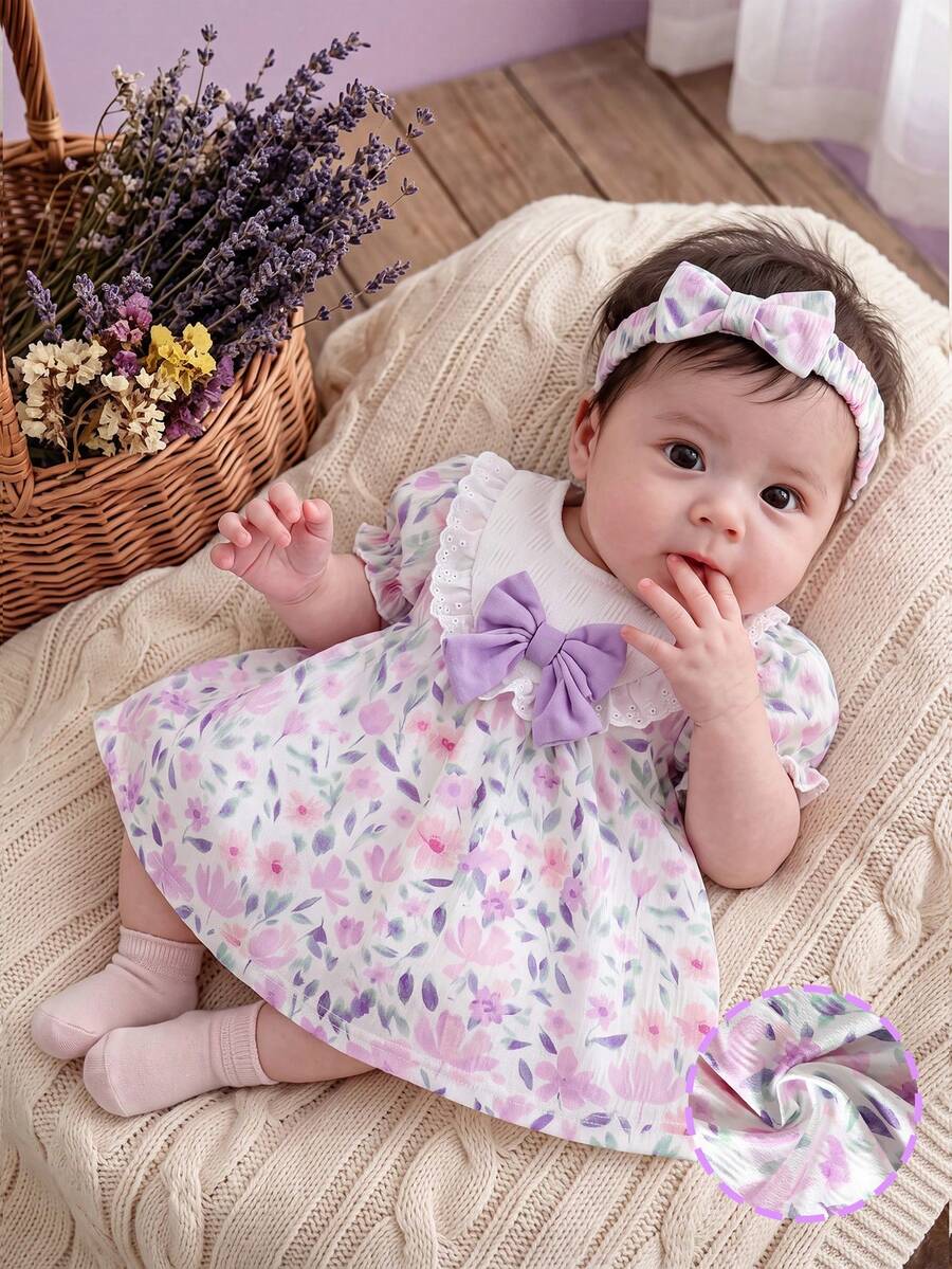 SHEIN Newborn Baby Pink Dress & Bow Headband Set, Cute Princess Style