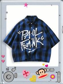 ROMWE MEN Paul Frank X ROMWE Men's Plaid Short Sleeve Single-Breasted Casual Loose Fit Shirt - Blue - View 2
