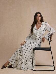 Enchnt Premium Otoño Romántico Vintage Vestido Elegante de Mujer con Estampado de Lunares Blancos y Negros, Cuello con Volantes, Atuendos Sociales, Ropa de Viaje, Ropa Formal - Blanco - Ver 5