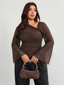 Firerie Plus Size Women's Solid Color Asymmetric Collar Bell Sleeve Fashion Brown Top For Women Elegant Office Business Work Top Elegant Graduation Top Women - Coffee Brown - View 5
