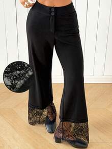 SHEIN EZwear 女款蕾絲拼接休閒百搭日常穿著長褲 - 黑色 - 查看 11