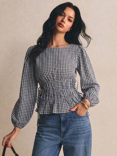 Poéselle Women's Gingham Plaid Long Sleeve Blouse For Women – Smocked Waist Lantern Sleeve Peplum Top With Side Drawstring Fall Back To School Casual