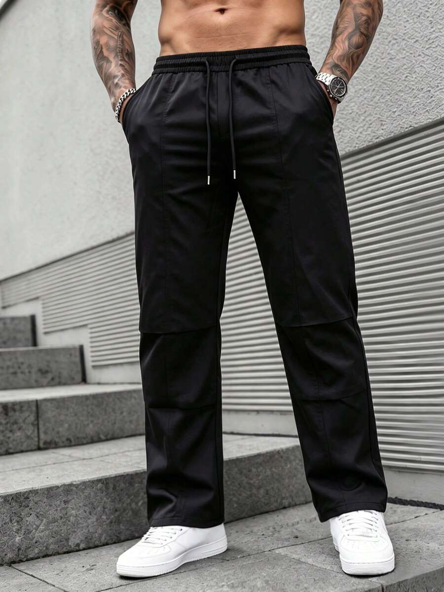 Manfinity CasualCool 男士抽繩腰純色口袋直筒休閒百搭長褲,美國國慶日、度假、禮物 - 黑色 - 查看 1
