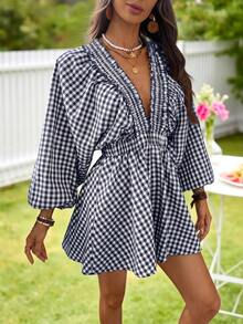 KARISMINA Woven Plaid V-Neck Puff Short Sleeve Women's Jumpsuit - Navy Blue - View 7