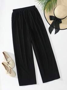 SHEIN 經典休閒長褲 春/秋款 雙層腰頭 簡約舒適 衛衣布料 適合居家、街頭、運動，可隨意搭配外套與上衣展現青春活力 - 黑色 - 查看 2