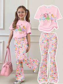 Pale Pink, Twirl Into Spring & Summer, Sweet Cute Princess, Bohemian Floral, Little Deer Pattern Print, Floral, Tween Girl Casual Comfortable Loose Crew Neck Short Sleeve T-Shirt & Slim Casual Flare Pants, Suitable For Spring & Summer Daily Wear - White - View 1