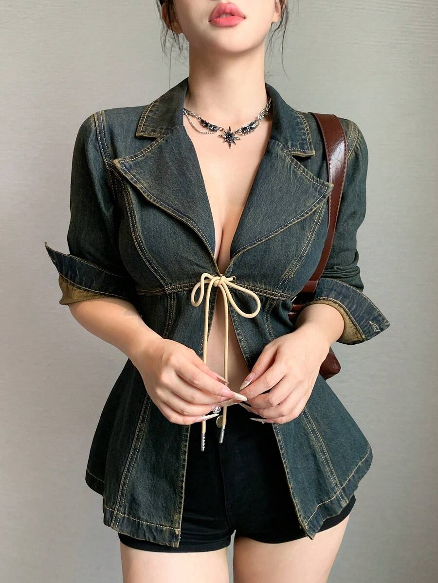 DAZY Women's Casual Sexy Lace-Up Denim Jacket, Spring/Autumn Y2K Going Out Night Out Dark Wash - Blue - View 1