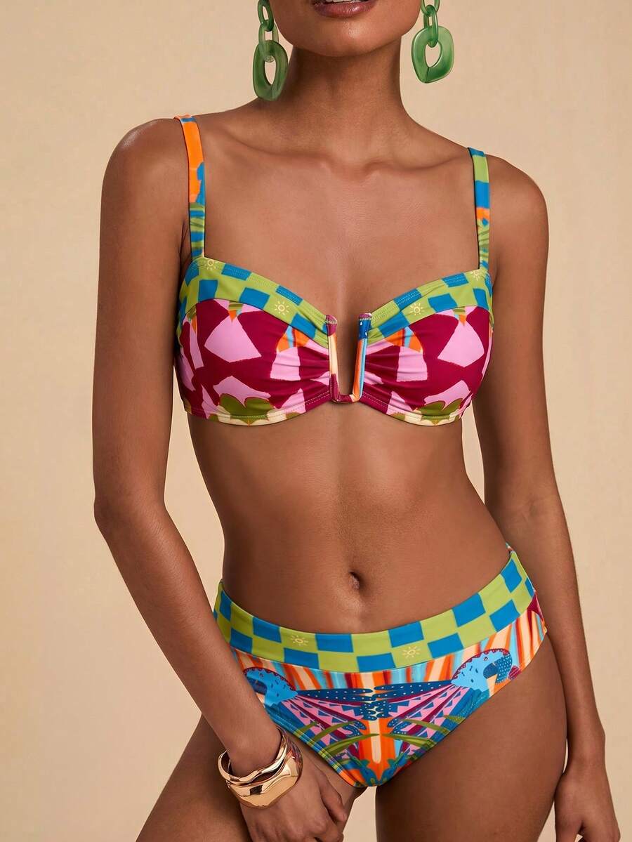 Travachic 女款夏季海灘幾何印花性感時尚比基尼兩件式泳衣套裝 - 彩色 - 查看 1