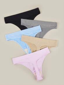 Bralution 5pcs Women Plus Size Basic Solid Seamless Comfortable Ribbed Knitted Sexy Thong Panties - Multicolor - View 2