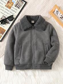 SHEIN 兒童小男孩純色長袖拉鍊保暖外套，適合秋冬穿著 - 灰色 - 查看 9