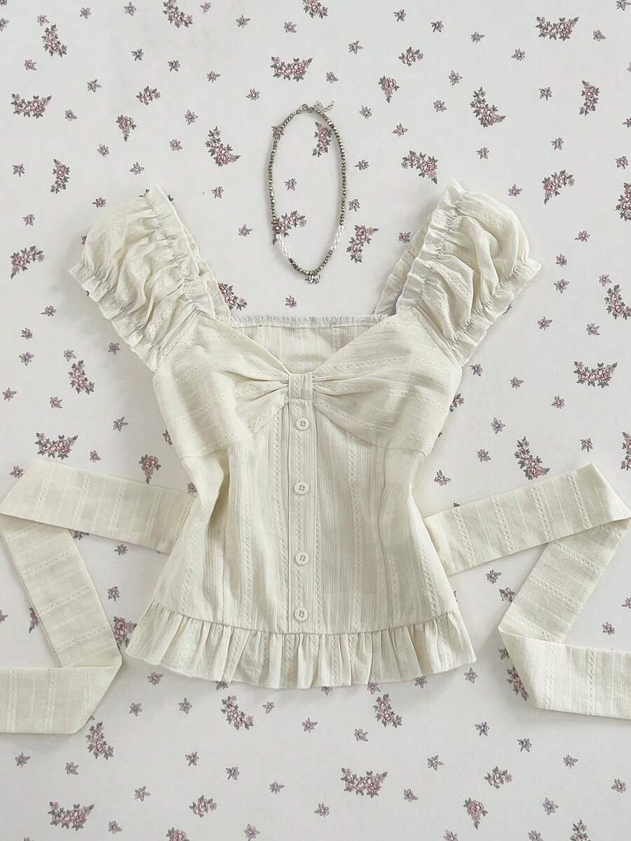 Elamini 法式甜美度假風粉色條紋編織花瓣袖蝴蝶結女款襯衫,修身顯瘦短袖上衣,春夏款 - 杏色 - 查看 1