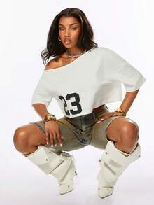 ROMWE Camiseta Oversized Casual Streetwear Estilo Callejero para Mujer con Gráfico del Número 23 Vuelta al Cole Uso Diario Estudiante Blanco y Negro Verano Escuela - Blanco - Ver 8