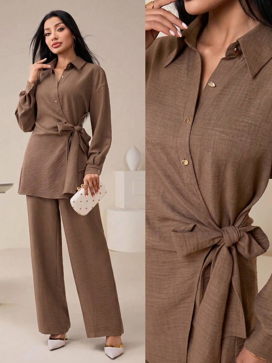 Veilorie 女款前綁帶式圍裹襯衫與長褲兩件套 - 卡其色 - 查看 1