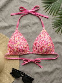 Swim Mod Plus Size Women Ditsy Floral Spaghetti Strap Backless Bikini Top - Hot Pink - View 1