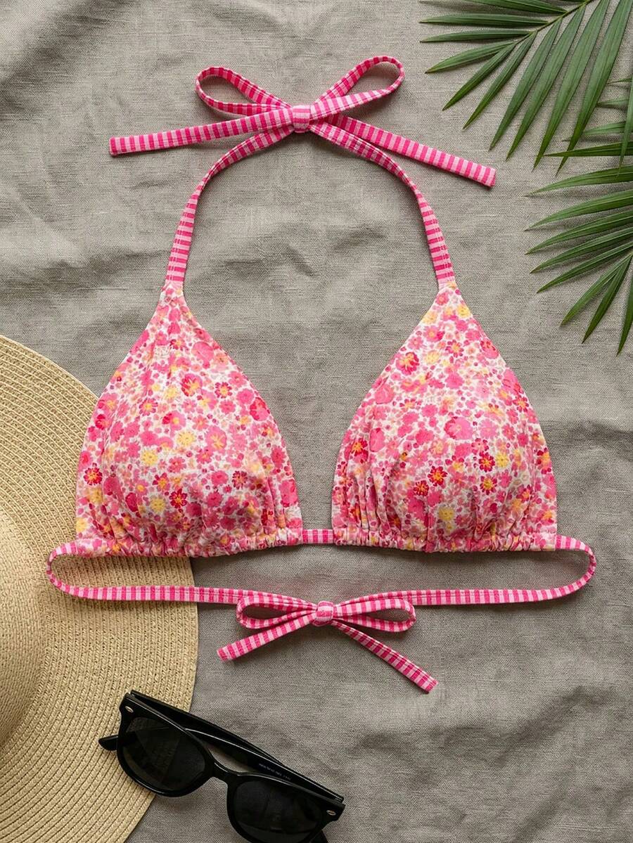 Swim Mod Plus Size Women Ditsy Floral Spaghetti Strap Backless Bikini Top - Hot Pink - View 1