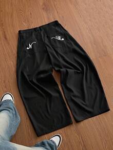 SWAVVY Men's Letter Embroidered Pocket Loose Curved Leg Pants - Black - View 3