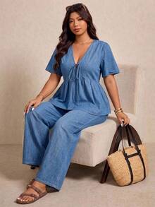 Elaquor Plus Size Women's Front Tie Short Sleeve Top And Pants Casual Denim Two Pieces Set - White - View 10