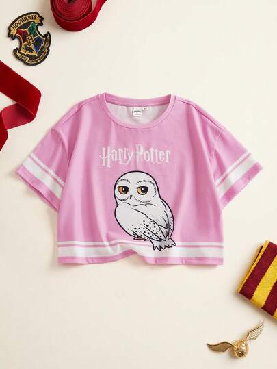 HARRY POTTER X SHEIN Camiseta Casual de Manga Curta com Gola Redonda e Estampa de Letras para Menina Pré-Adolescente
