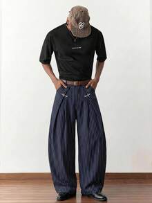 NORVETH Men's Fashion Loose Striped Wide Leg Pants,Streetwear,Going Out,Daily Wear,Summer,Vacation,Workout,Vintage,Chic School Style - Navy Blue - View 6