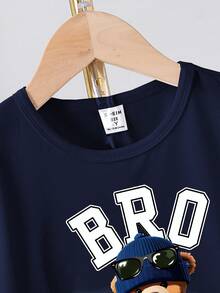 SHEIN Genkimix Kids 男童休闲牛仔熊刺绣短袖T恤短裤套装（2件套），适合日常休闲、运动、上学、夏季户外活动等场合 - 藏蓝色 - 查看 6