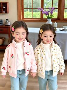 Elladie kids 少女甜美可愛復古黃色碎花法蘭絨拉鍊外套大衣，適合日常休閒出遊，春秋冬三季，返校季 - 黃色 - 查看 3