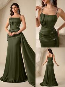 Coutiva Women's Rhinestone Decorated Side Ribbon Design Elegant Spaghetti Strap Formal Evening Gown (Heavy Embellishment) - Army Green - View 3