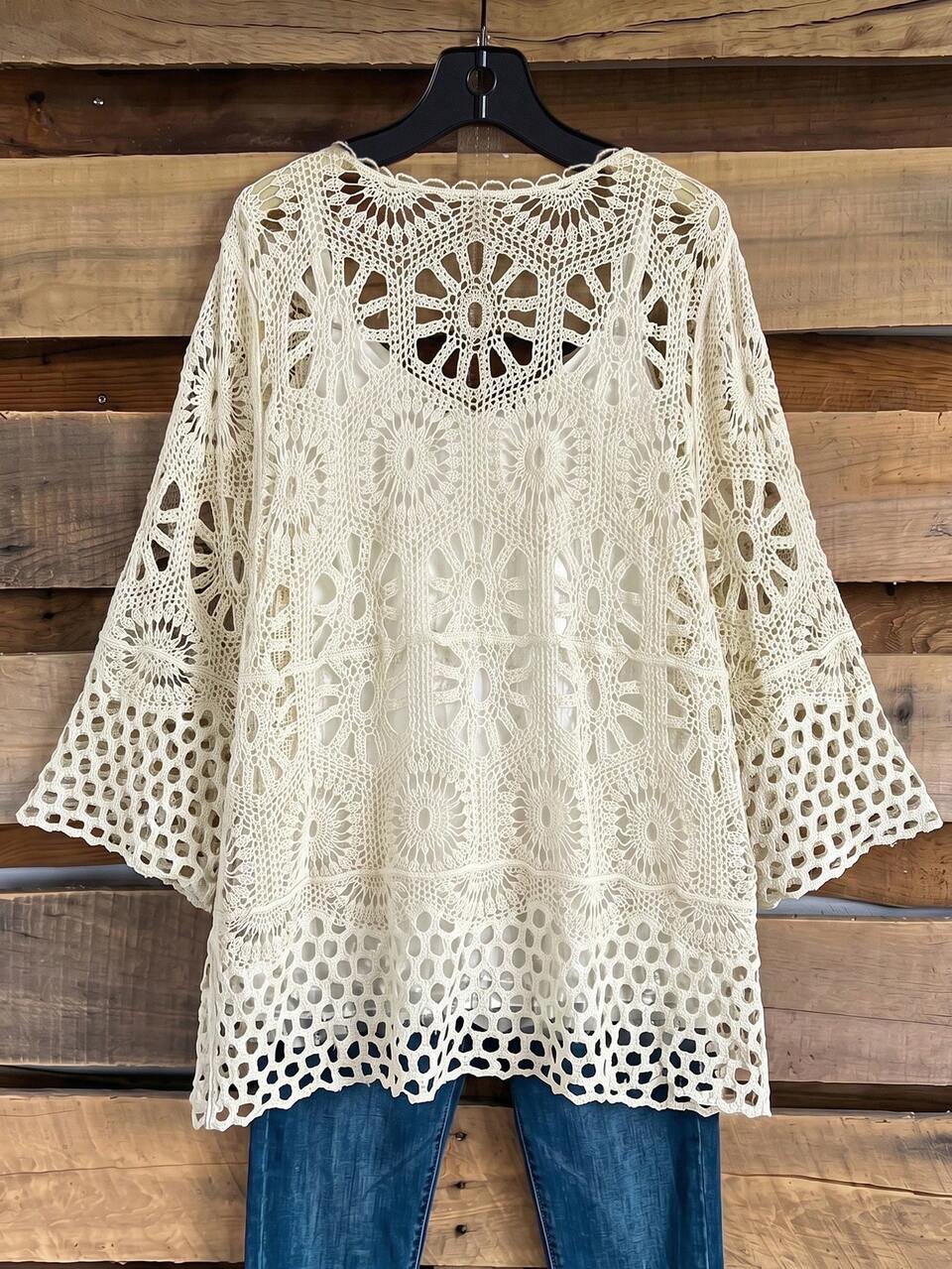 Plus Size Ivory Hollow Out Front Tie Cardigan Summer Layering Lightweight Vacation Outfits Women