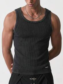 SWAVVY Men's Summer Casual Slim Fit Tank Top Black Standard Size Solid Color Snow Wash - Black - View 2
