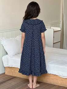DAZY Gaun Lengan Panjang Berkerah Ruffle Motif Lembut & Nyaman untuk Anak Perempuan Remaja, Pakaian Santai Kasual - Navy Blue - View 2