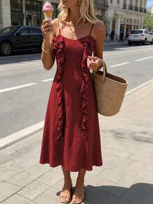 SHEIN PariChic 女款小眾設計中長款細肩帶洋裝，荷葉邊下擺，修身寬鬆A字版型，法式休閒浪漫優雅，度假深紅色夏季款 - 紅色 - 查看 4