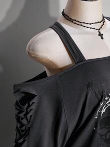 SHEIN ICON 大尺碼女款字母骷髏印花休閒百搭日常穿搭T恤 - 深灰色 - 查看 6